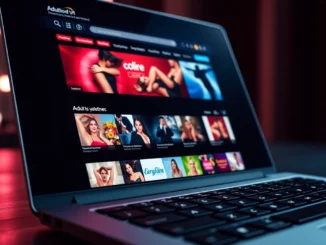 A laptop displaying an adult entertainment website homepage with video thumbnails and colorful banners.