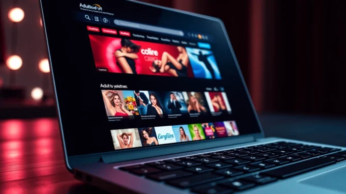 A laptop displaying an adult entertainment website homepage with video thumbnails and colorful banners.