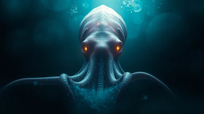The theme depicted with a colossal squid wrapping around a ship in deep sea darkness,