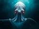 The theme depicted with a colossal squid wrapping around a ship in deep sea darkness,