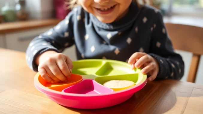 Silicone divided plate for self feeding with vibrant sections, toddler eating, safe and