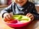 Silicone divided plate for self feeding with vibrant sections, toddler eating, safe and