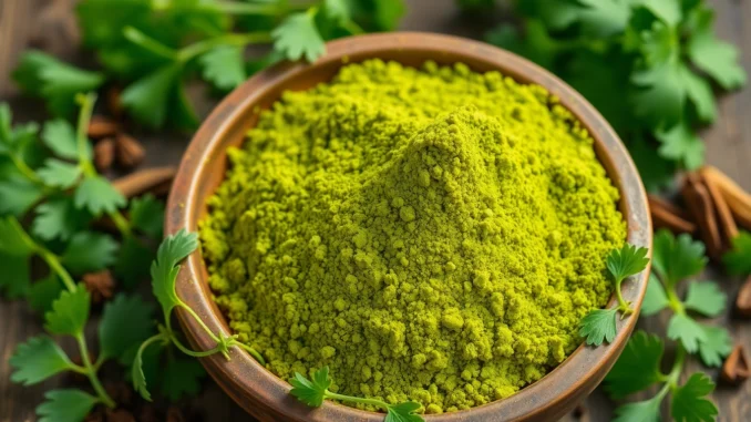 Fresh coriander powder in a bowl with coriander leaves and spices for authentic flavor enhancement