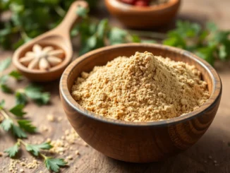 Coriander Powder in a wooden bowl with fresh herbs, highlighting its rich texture and aroma for