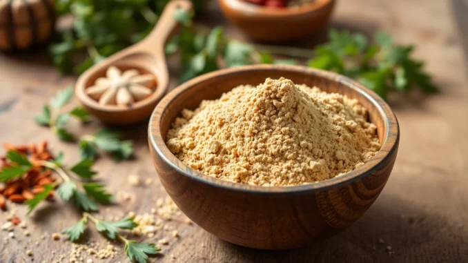 2uqb Coriander Powder in a wooden bowl with fresh herbs, highlighting its rich texture and aroma for