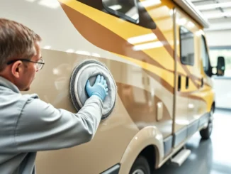 Professional Applying Wohnmobil Politursiegelung to a Camper Van Ensuring High-Gloss Finish and