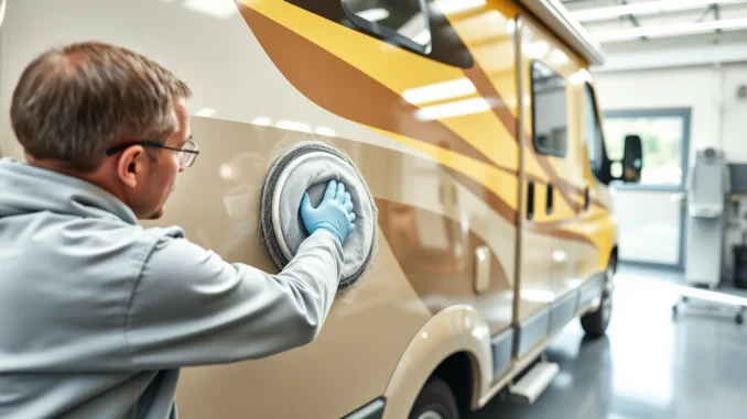 82dh Professional Applying Wohnmobil Politursiegelung to a Camper Van Ensuring High-Gloss Finish and