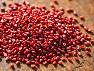 High-quality red quinoa seeds displayed on a wooden surface, emphasizing natural texture and