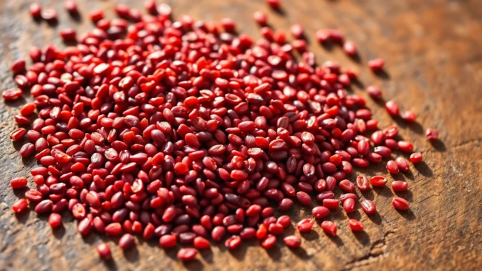mmo1 High-quality red quinoa seeds displayed on a wooden surface, emphasizing natural texture and