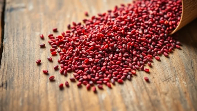 ovly Vibrant red quinoa seeds showcased on rustic surface highlighting natural quality and freshness